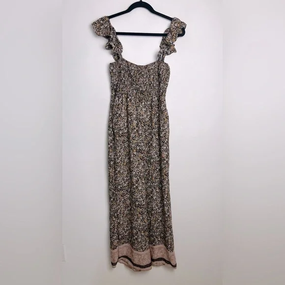 Francesca's Brielle Brown Gold Floral Smocked Ruffle Sleeves Jumpsuit Sz Small - Picture 3 of 9